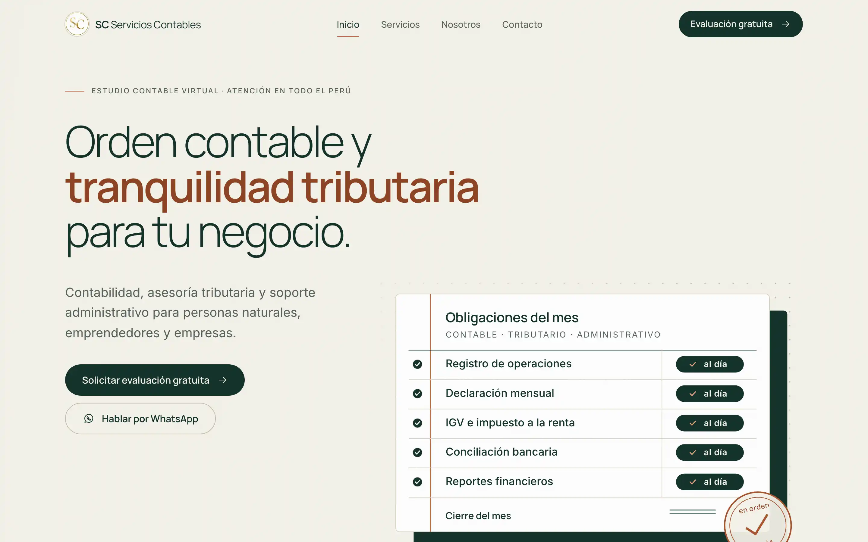 Página de inicio del sitio web de SC Servicios Contables.